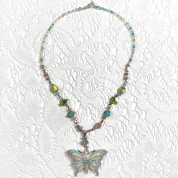 Butterfly Pendant Necklace Multicolor Enamel Rhinestone - Picture 13 of 16